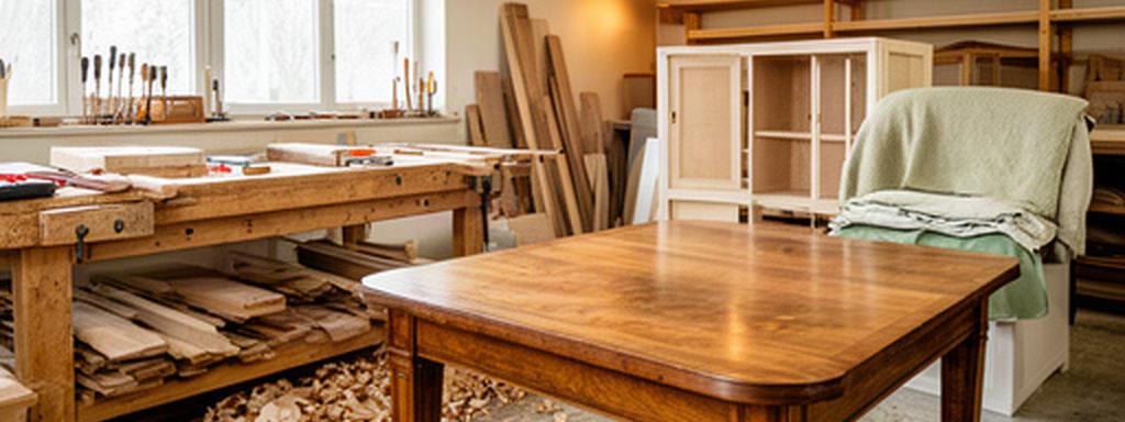 Helle Möbelwerkstatt in Bussy mit Holzbrettern, Werkbank und einem restaurierten Tisch im Vordergrund