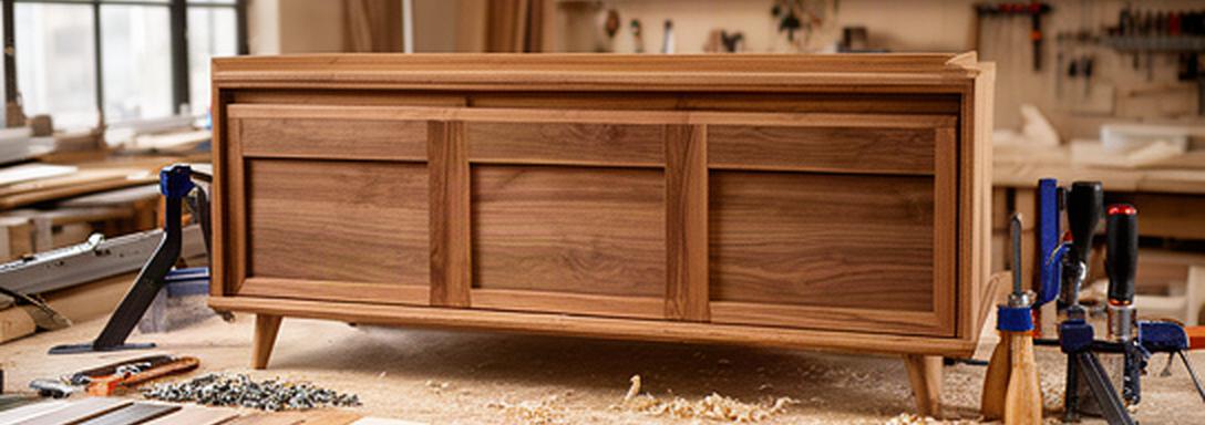 Werkstatt in Bussy mit handgefertigtem Holzmöbel, Werkbank und sorgfältig ausgewählten Materialmustern