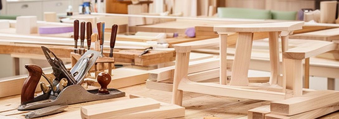 Helle Möbelwerkstatt in Bussy mit Hobelbank, Holzoberflächen und sorgfältig gefertigten Einzelteilen